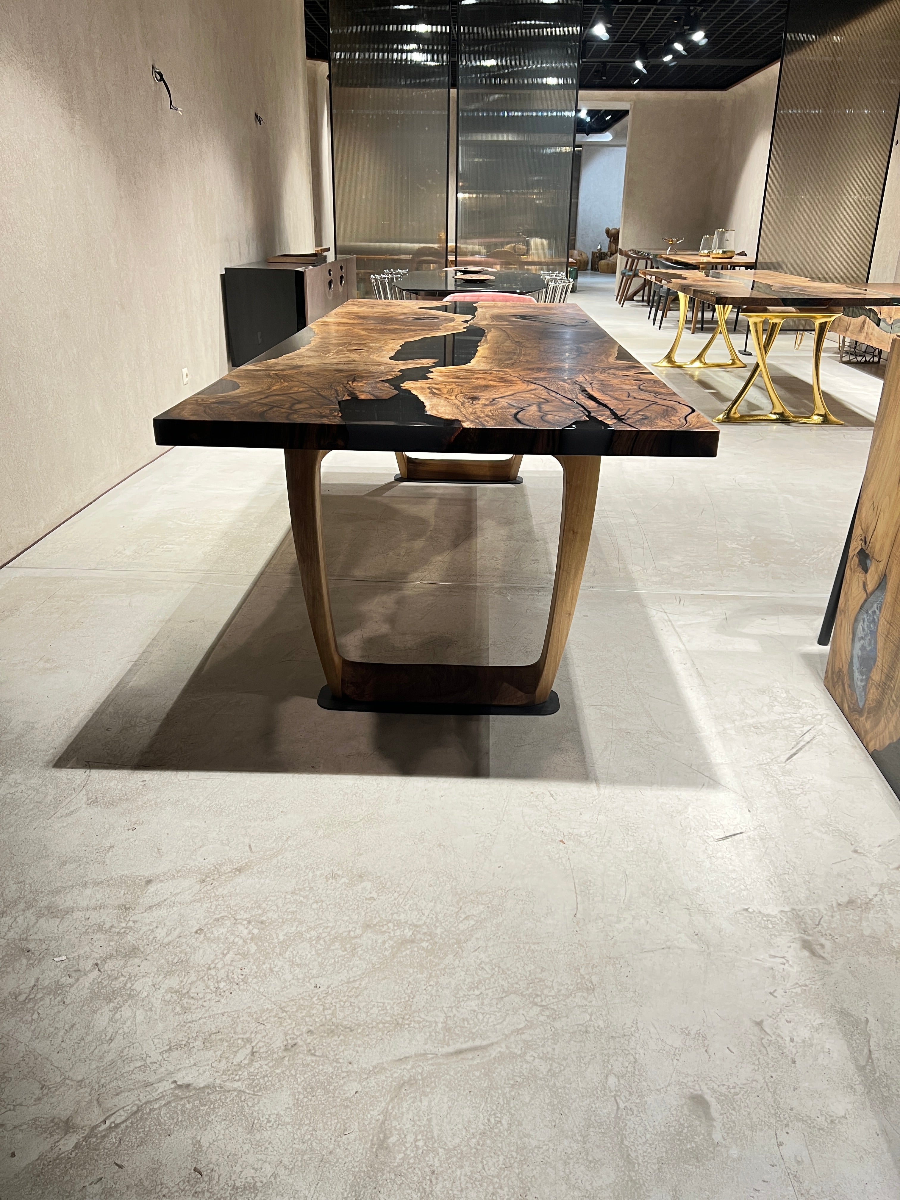Epoxy Resin River Dining Table with Walnut Wood Legs showcasing natural wood and vibrant resin river design
