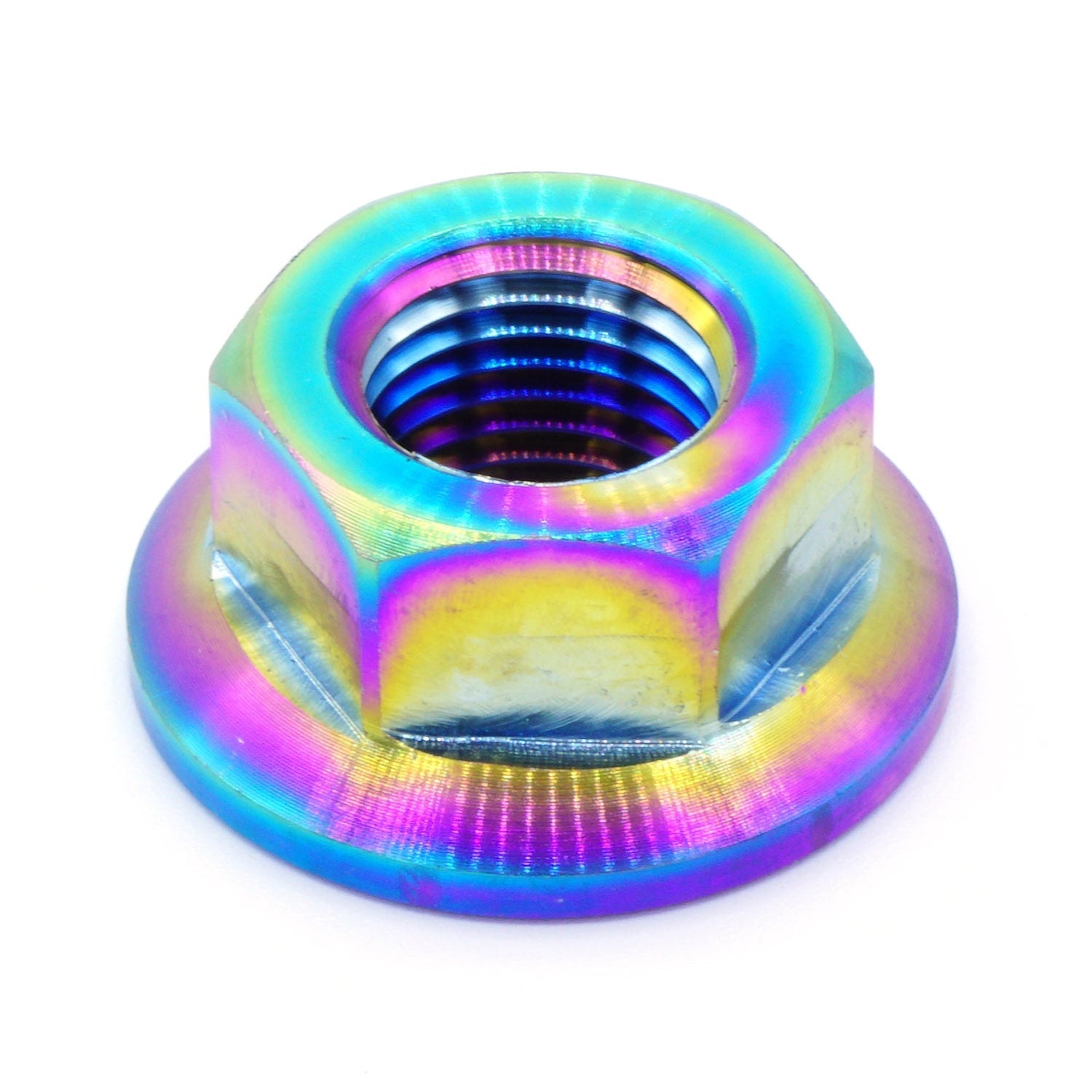 M12 x 1.25 Titanium Nut in various finishes including Polished, Gold, Cosmic Burn, Purple, Blue, and Black