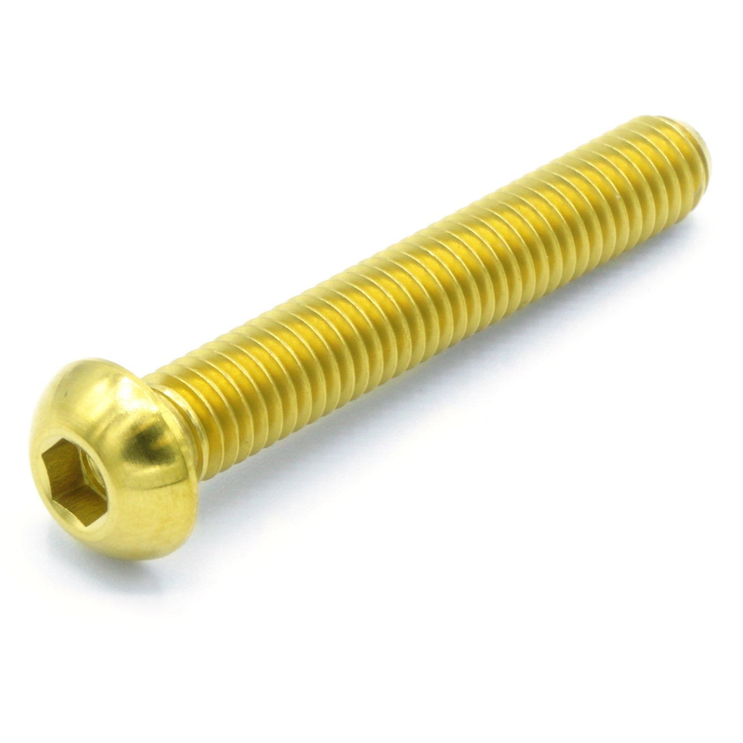 M6 x 1.00 x 40mm Titanium Button Head Bolt in various finishes including polished, black, blue, gold, purple, and cosmic burn