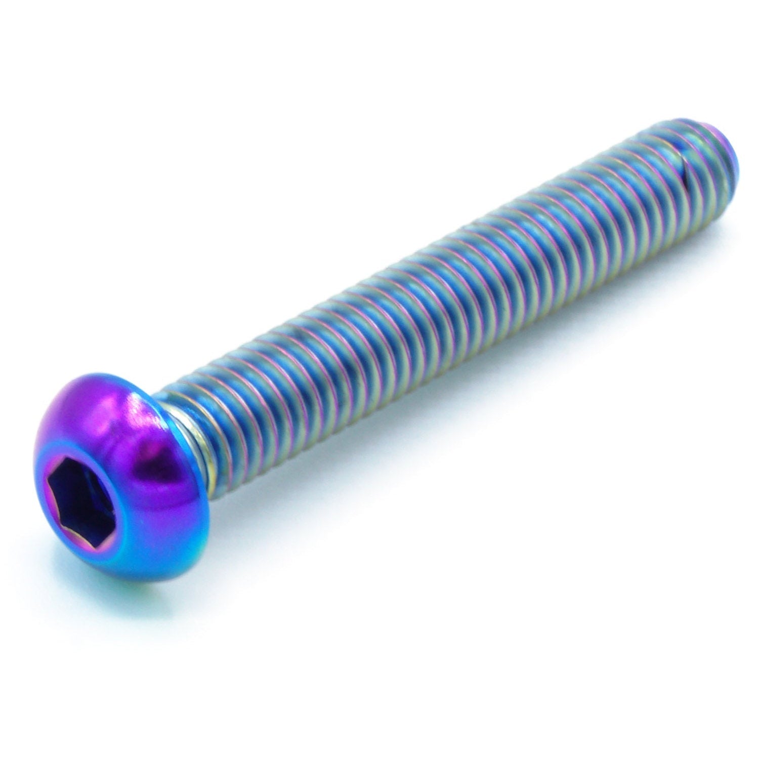 M6 x 1.00 x 40mm Titanium Button Head Bolt in various finishes including polished, black, blue, gold, purple, and cosmic burn