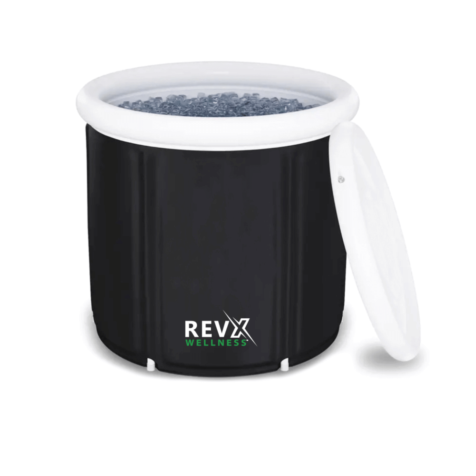 RevX Ice Pod portable cold bath inflated with lid on, showing dimensions and components