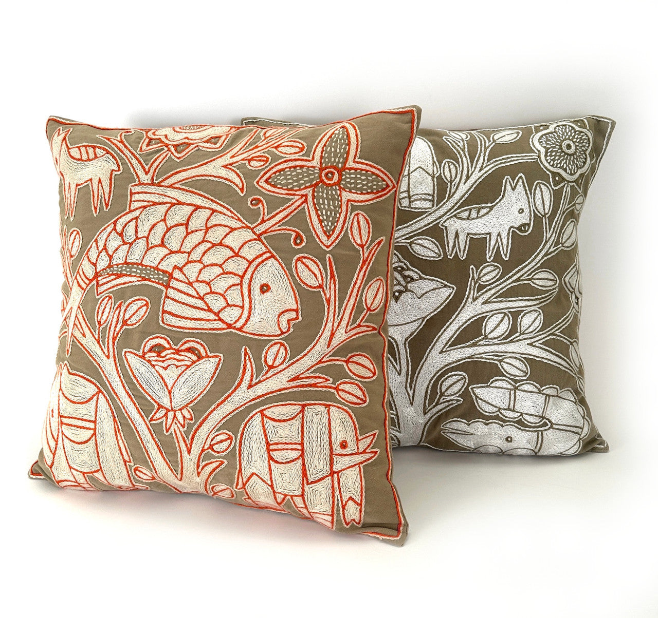 Beige, White + Orange Fish Hand Embroidered Pillow Cover by Mbare Ltd - product image 3 for Resin Society