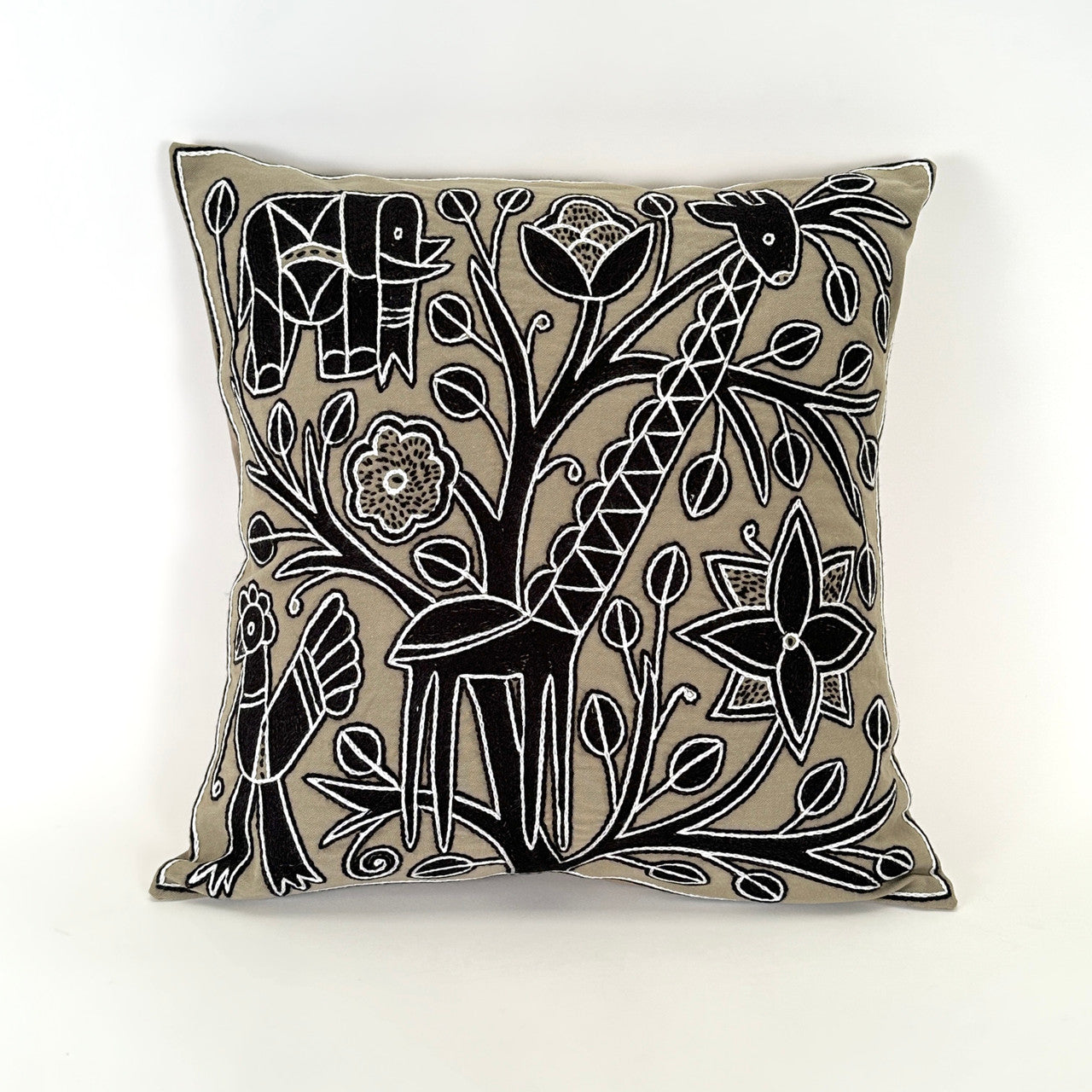 Beige and black hand embroidered pillow cover with giraffe motif