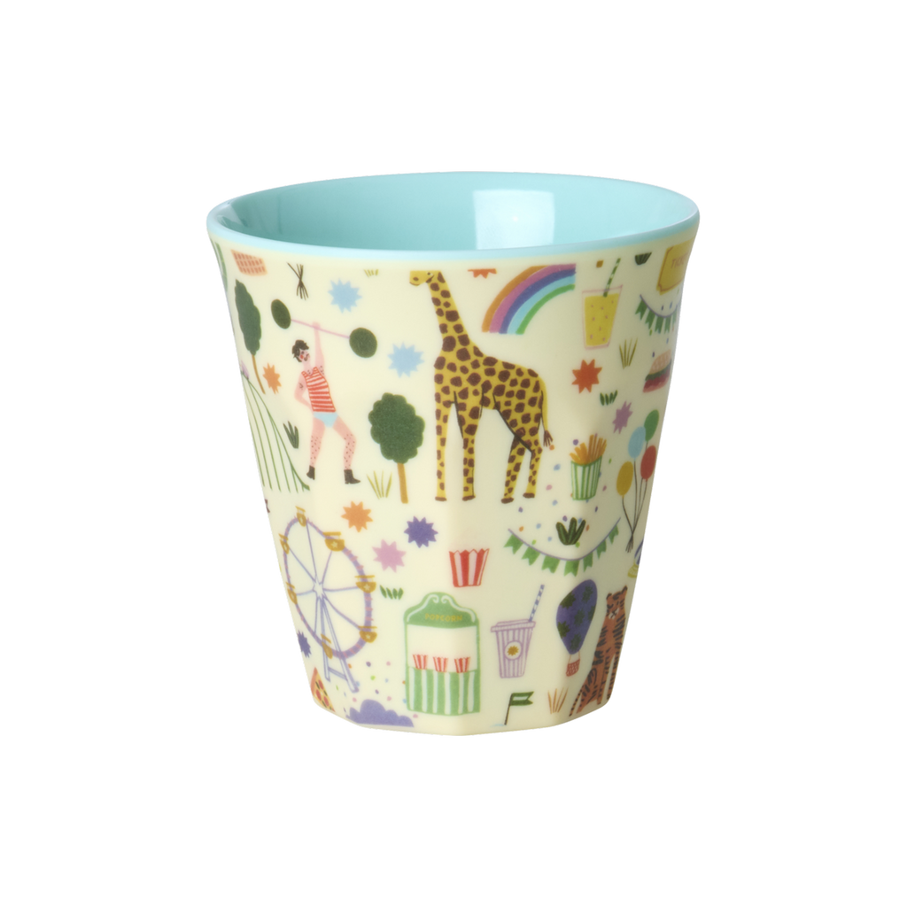 Kids Melamine Cup Small Fun Fair Mint Print showing mint green cup with colorful fun fair design