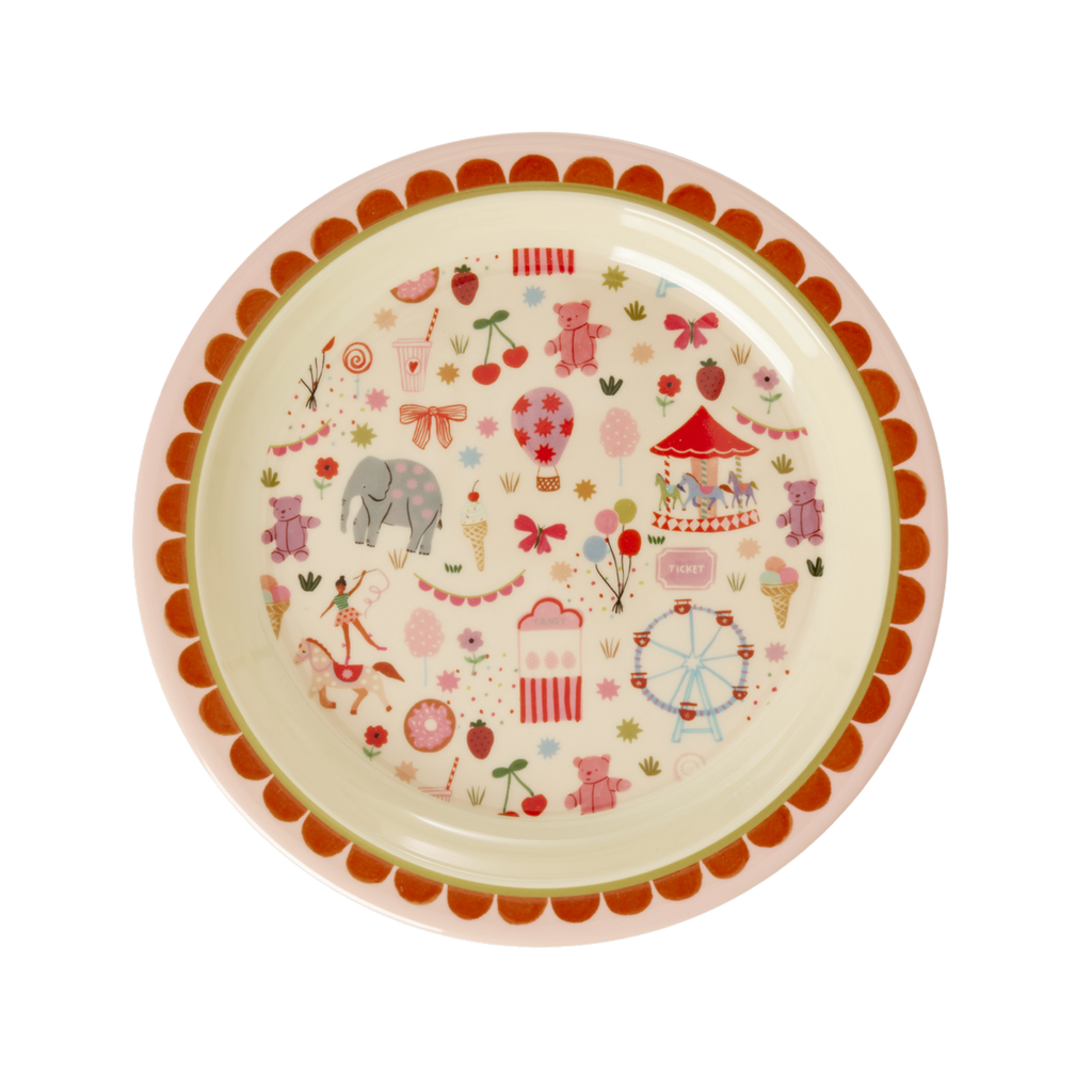 Melamine Kids Plate with Fun Fair Pink Print - pink plate with circus and funfair illustrations