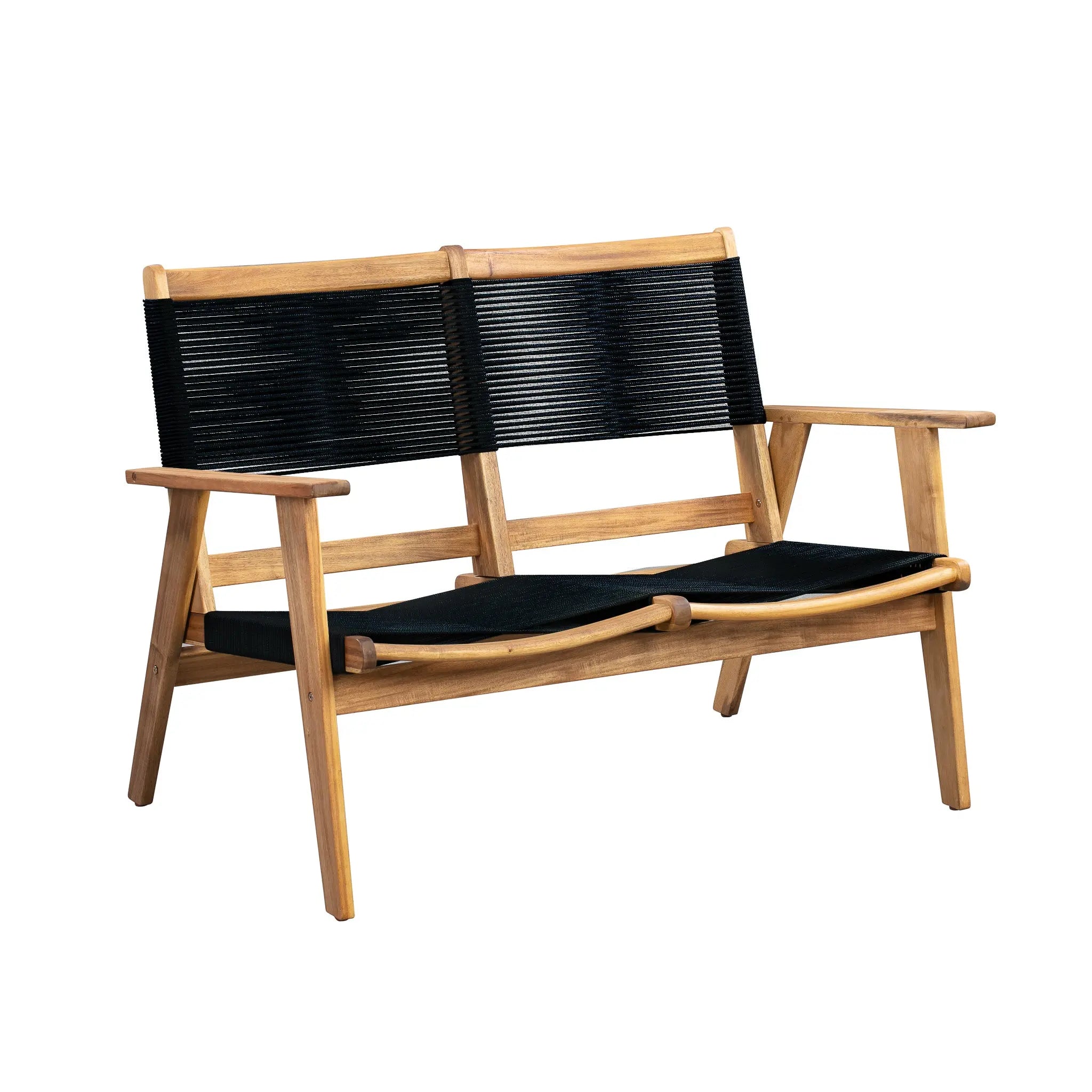 Kingsmen Loveseat Bench showing warm teak acacia wood frame and black cordage suspension seat in a bright room setting.