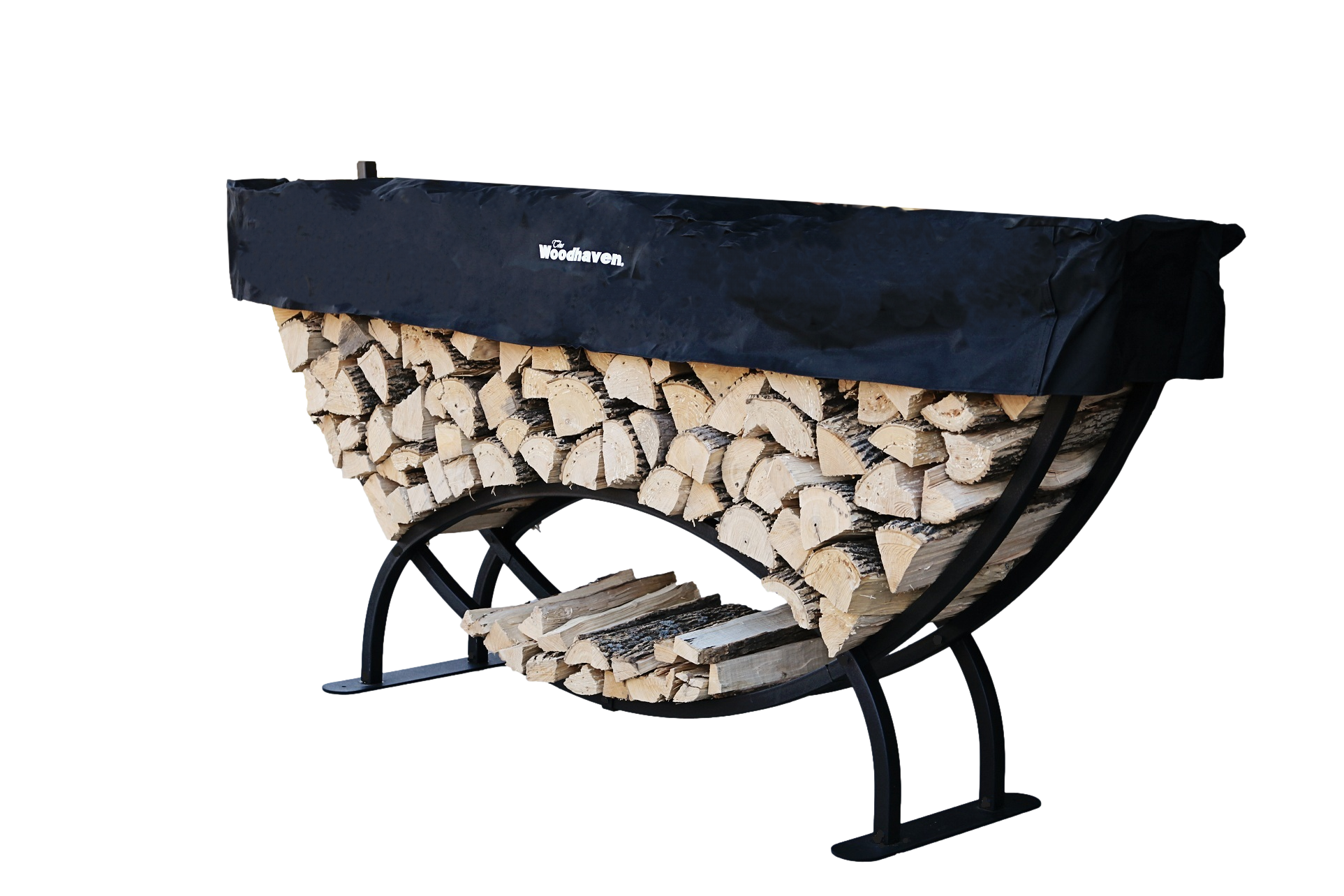 Woodhaven 8 ft Large Crescent Firewood Rack with seasoning cover holding firewood outside a house