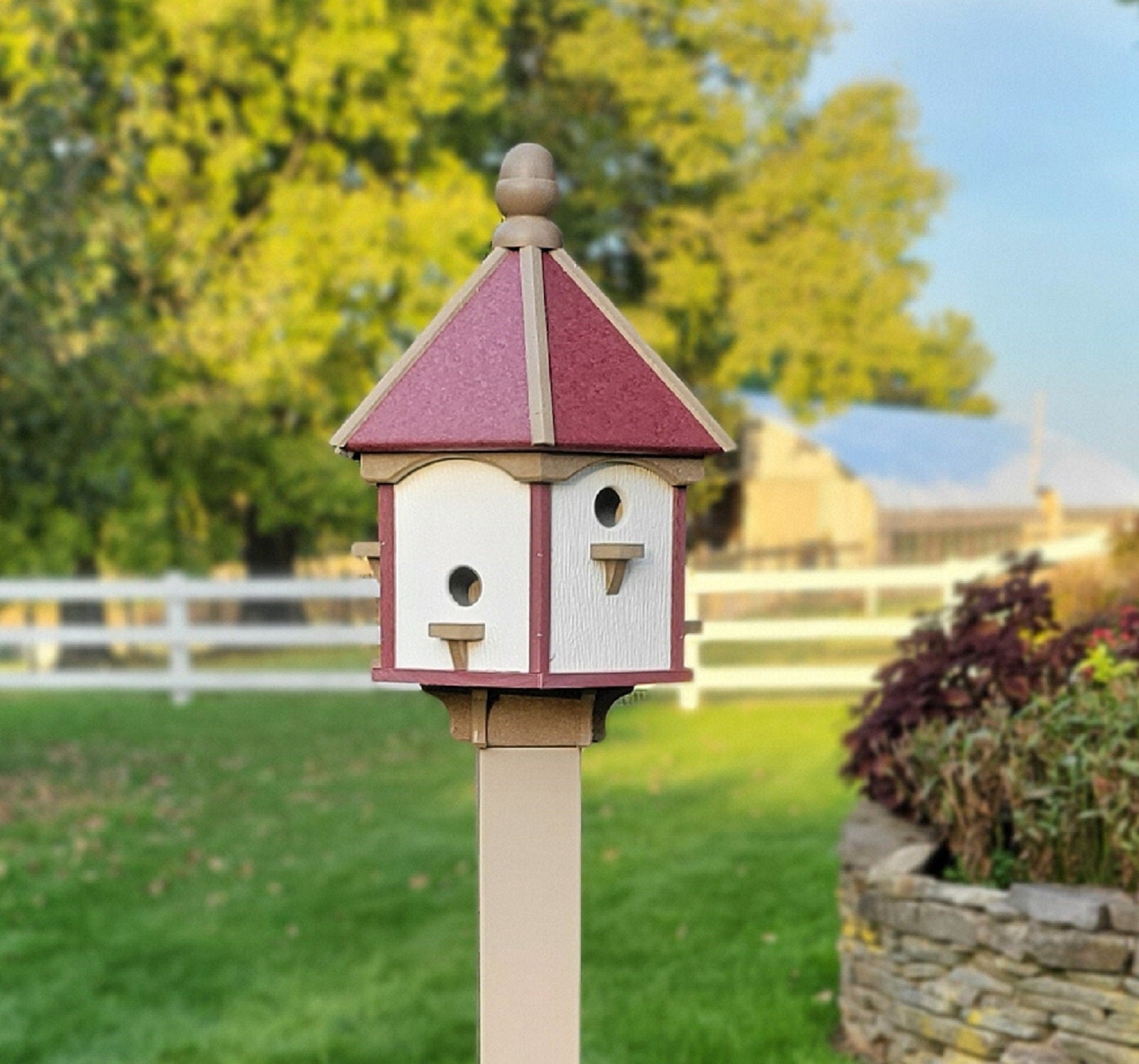 Extra large Amish-made poly birdhouse with six nesting compartments in navy blue with cedar trim