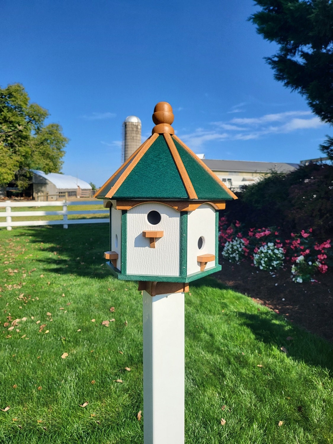 Extra large Amish-made poly birdhouse with six nesting compartments in navy blue with cedar trim