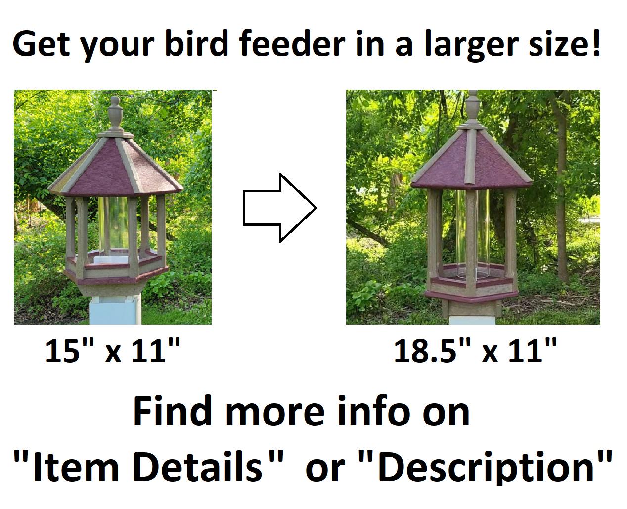 Amish handmade poly bird feeder with rustic spindle design, shown mounted outdoors