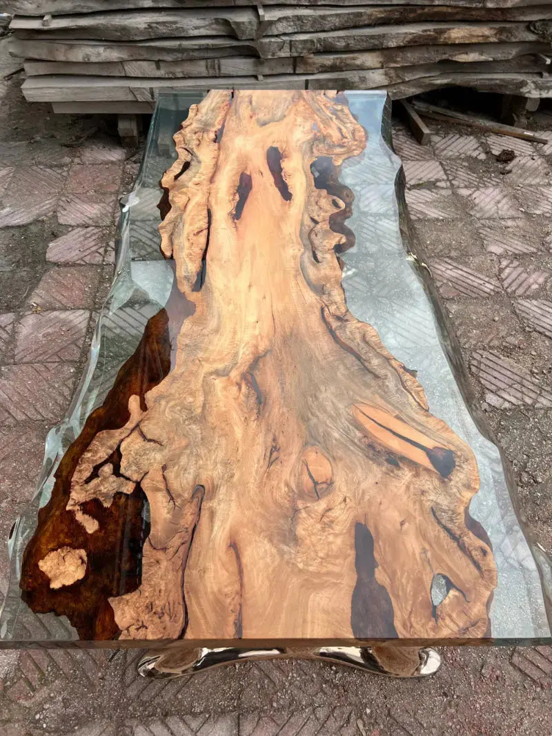 Natural epoxy resin dining table with Linden wood top and gold aluminum legs