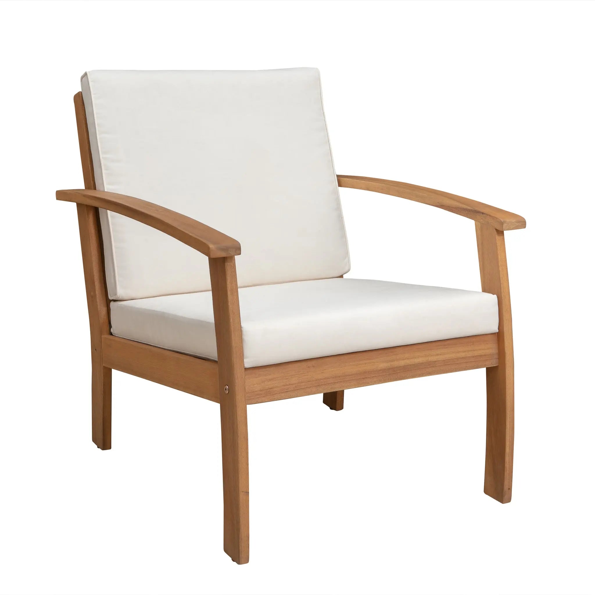 Lio Wooden Armchair showing solid acacia wood frame with curved arms and cream cushions in an indoor setting