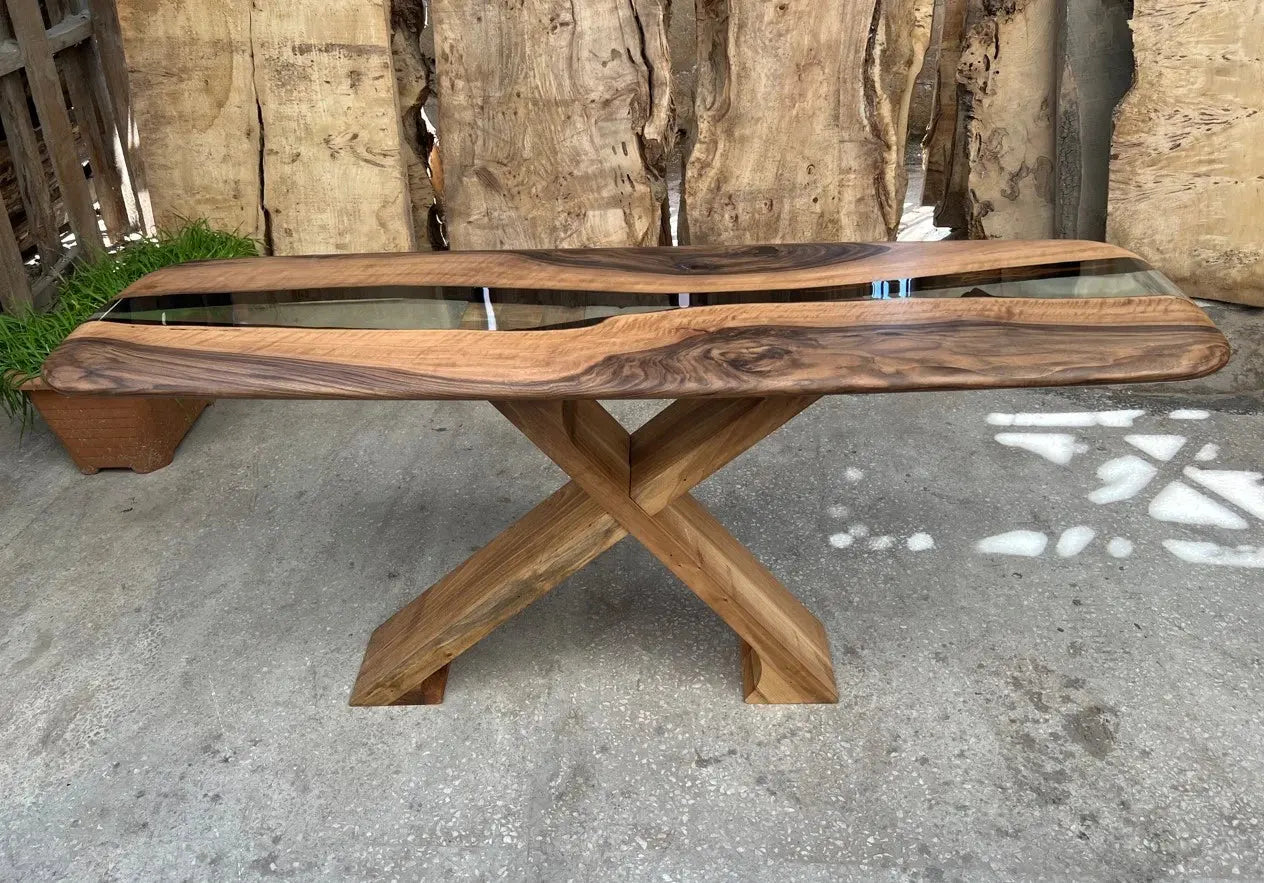 Handmade solid walnut console table with epoxy resin and live edge design
