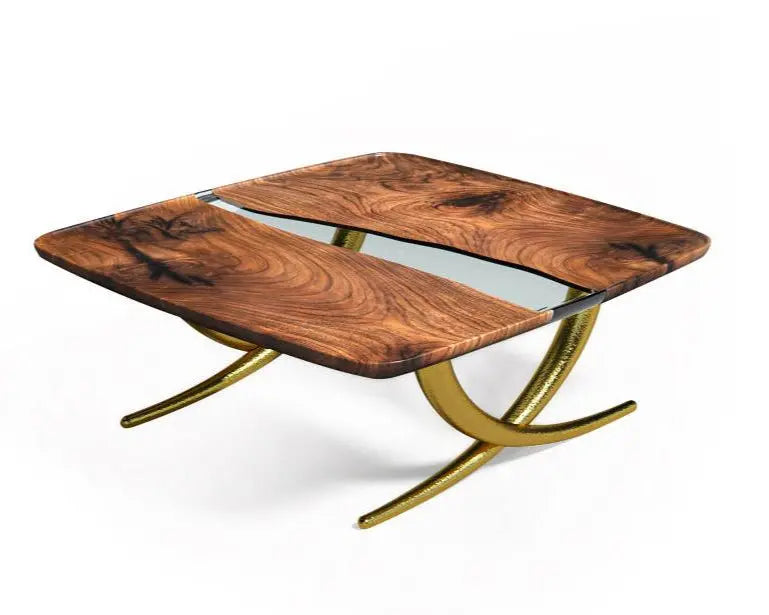Ivory shaped epoxy resin coffee table made with walnut wood and aluminum legs