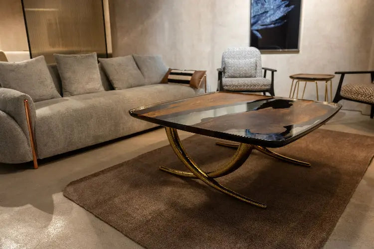 Ivory shaped epoxy resin coffee table made with walnut wood and aluminum legs