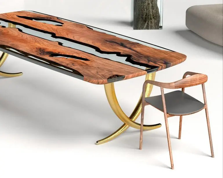 Ivory-shaped legs epoxy resin dining room table with walnut wood top and aluminum legs