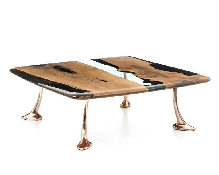 Luxury Epoxy Resin River Walnut Coffee Table with aluminum cast legs from the Osso Collection