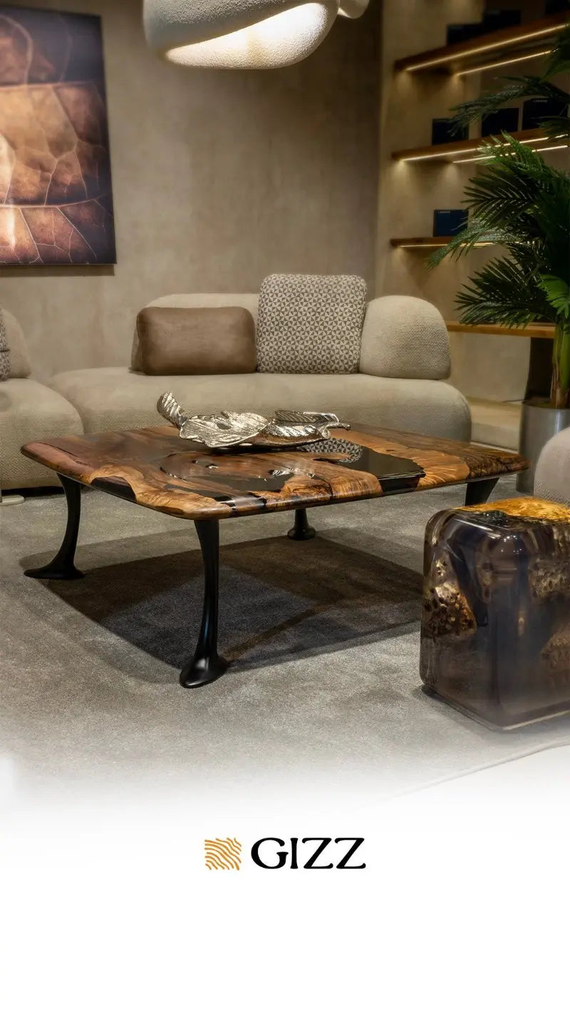 Luxury Epoxy Resin River Walnut Coffee Table with aluminum cast legs from the Osso Collection