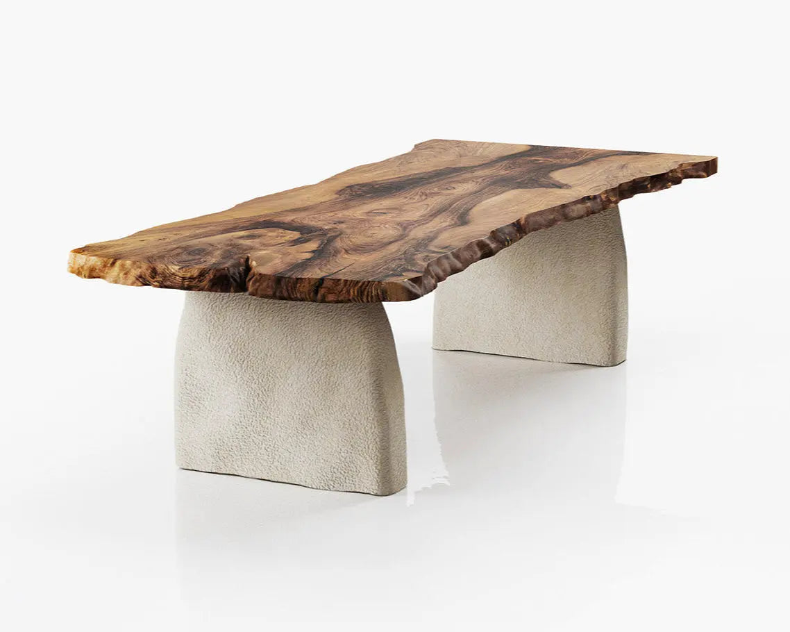 Wabi Sabi style solid walnut wood dining table with stone-inspired legs