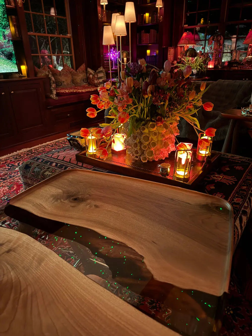 Luxury Walnut Epoxy Resin TV, Laptop and Snack Tray with small wheels and sleek legs