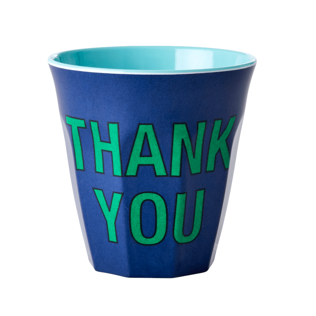 Medium dark blue melamine cup with "THANK YOU" text in white, standing on a light gray surface.