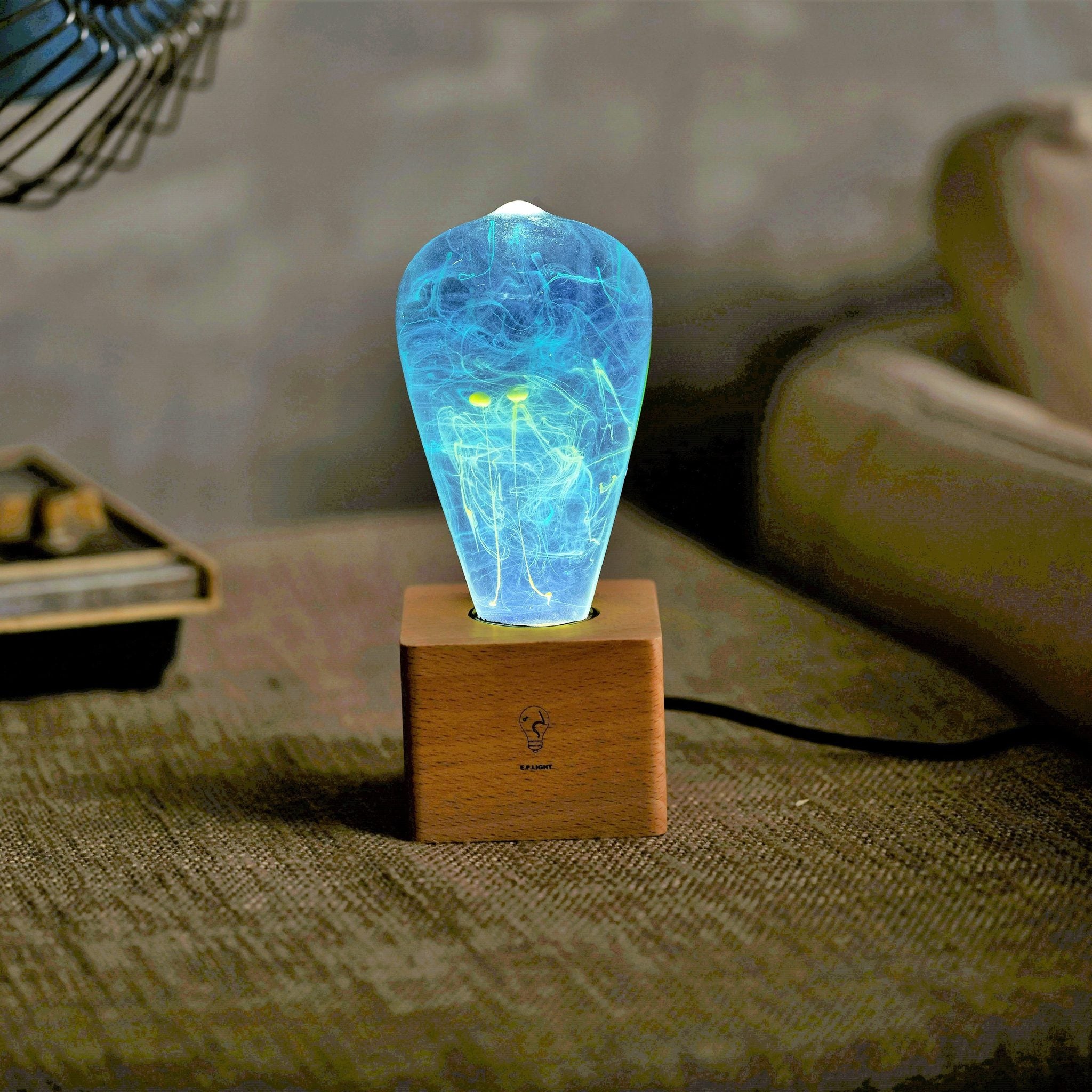 Mind Resin LED Table Lamp with resin bulb and wooden base by EP Designlab LLC