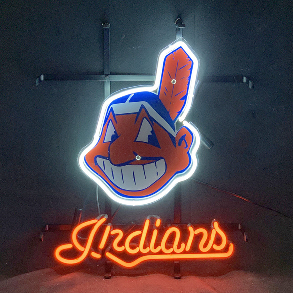 Cleveland Indians Sport Logo Neon Sign glowing indoors, mounted on wall with hanging chain