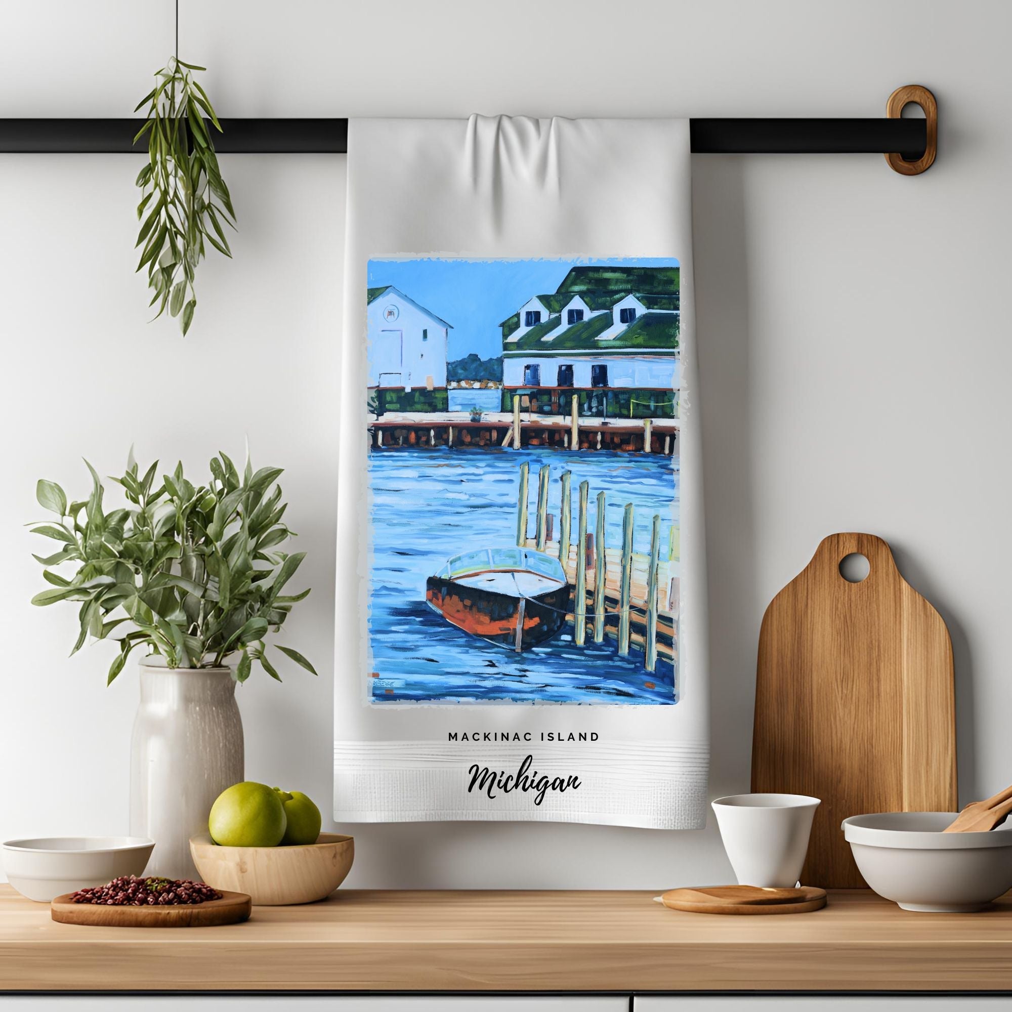 Dish Towel - "Boat Stories- Mackinac Island Kitchen Towel" by Dreese Fine Art - Resin Society