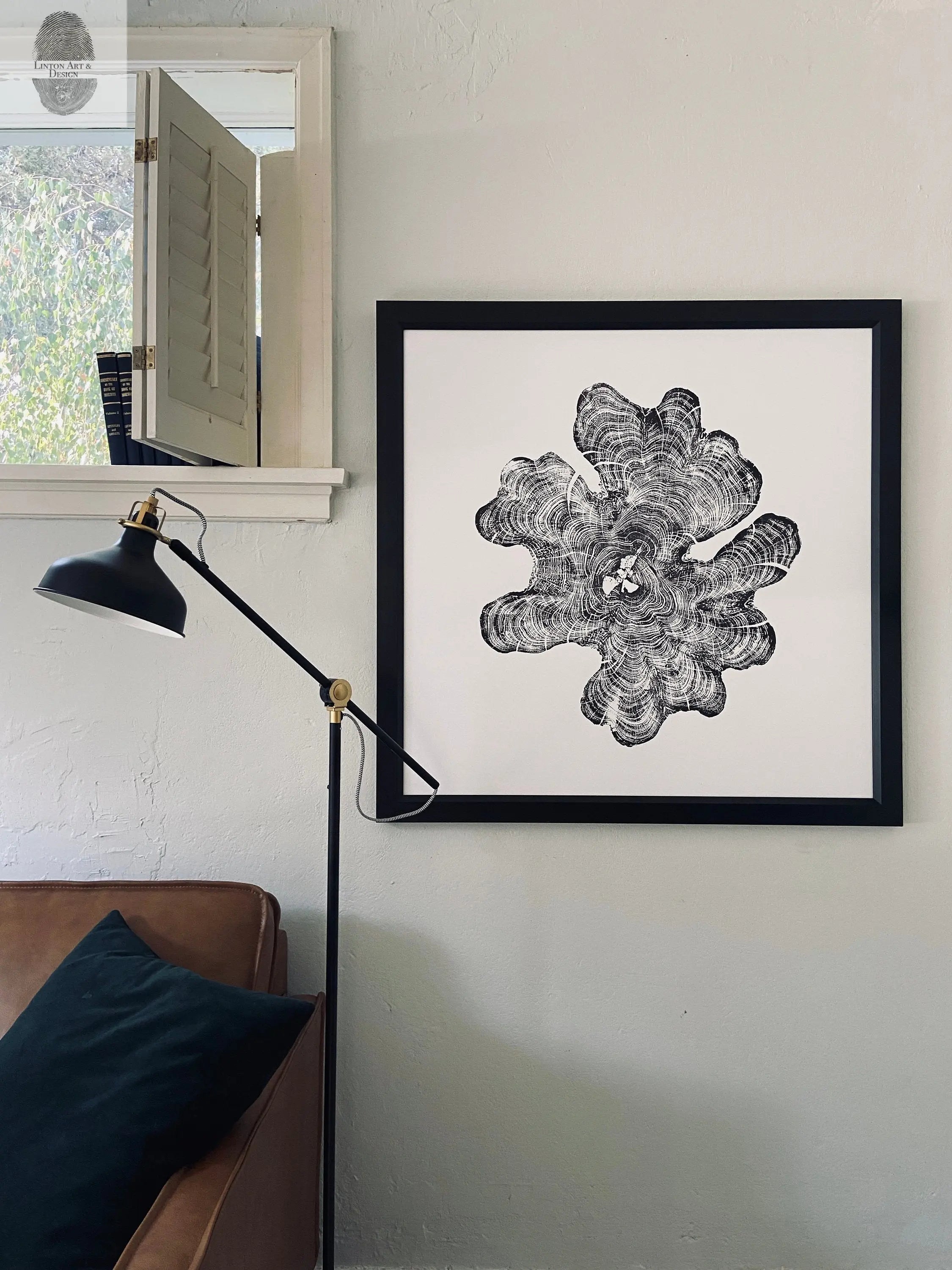 Hand-printed woodcut image of Maine cypress tree rings on large square paper