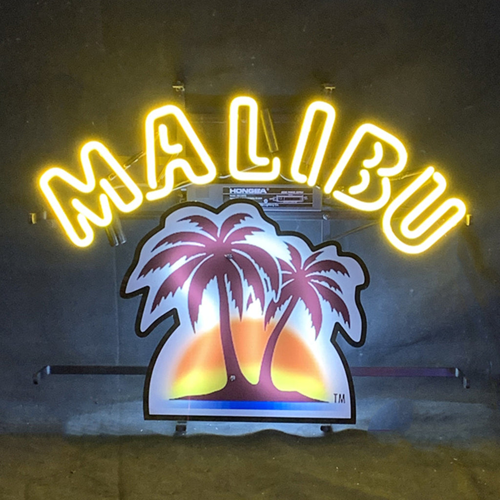 Malibu Beer Neon Light Sign lit up against dark background, showcasing its warm yellow and red glow