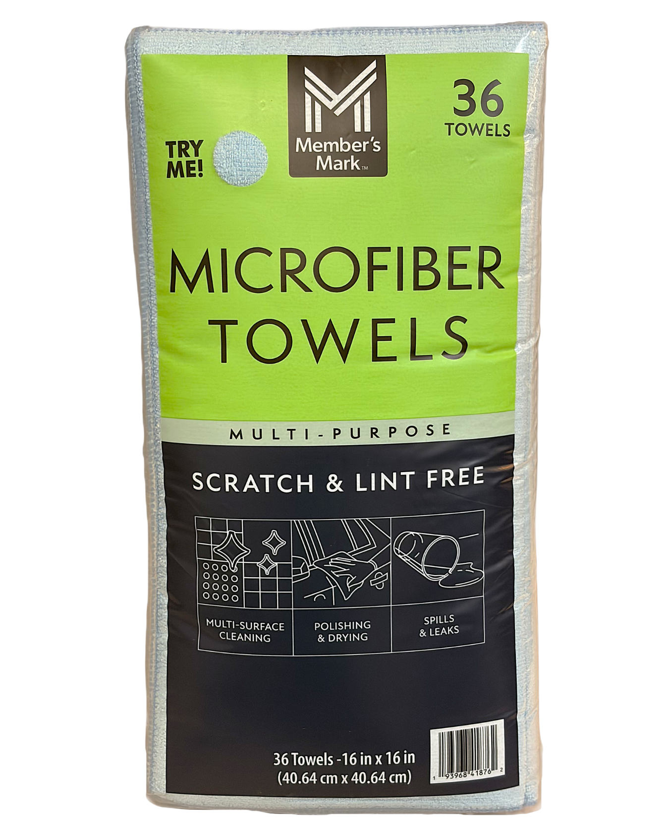 Stack of 16" x 16" microfiber towels packaged in a bulk pack of 36