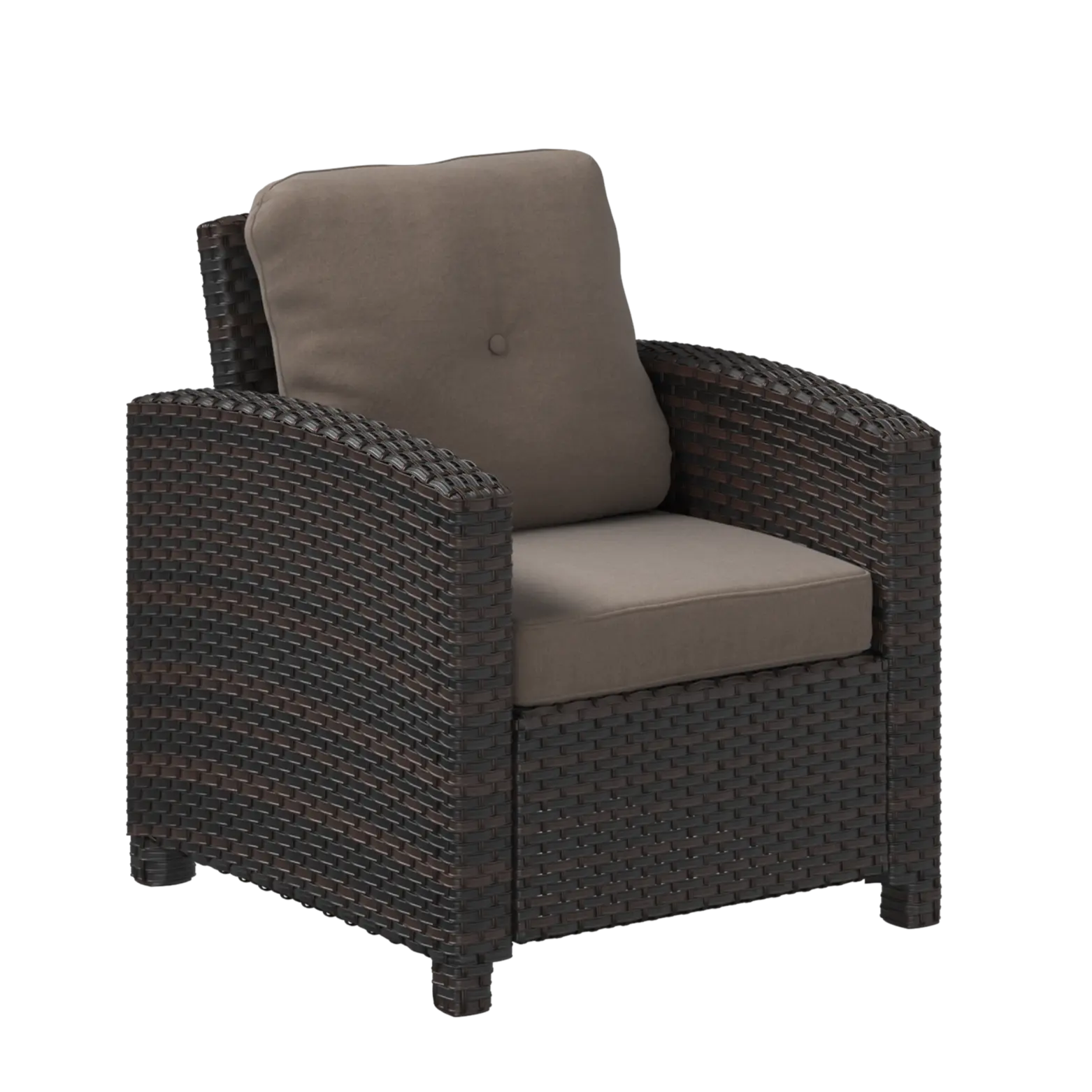 Miles Mocha Finish Outdoor Wicker Club Chair with light khaki cushions on a patio