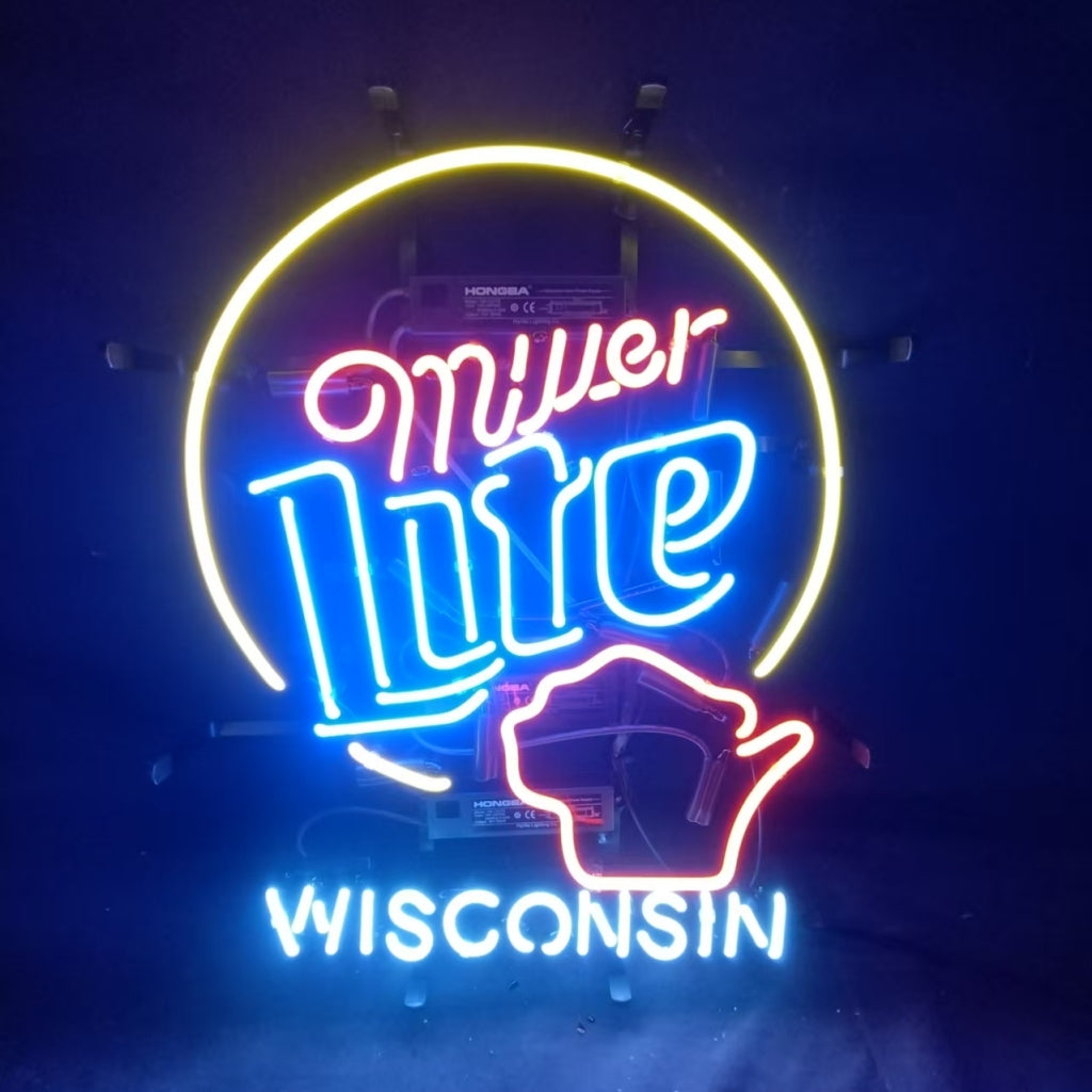 Miller Lite & Wisconsin State Neon Sign glowing in a metal grid backing, displayed indoors