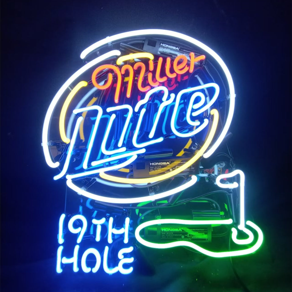 Miller Lite 19th Hole Golf Neon Light Sign mounted on wall with glowing blue and white neon tubes
