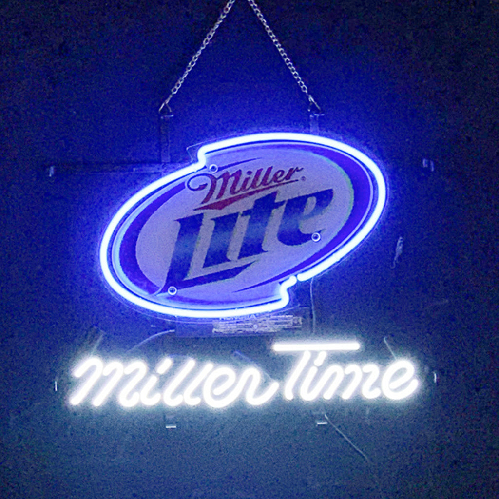 Miller Lite Miller Time Neon Light Sign on acrylic backing showing illuminated neon lettering