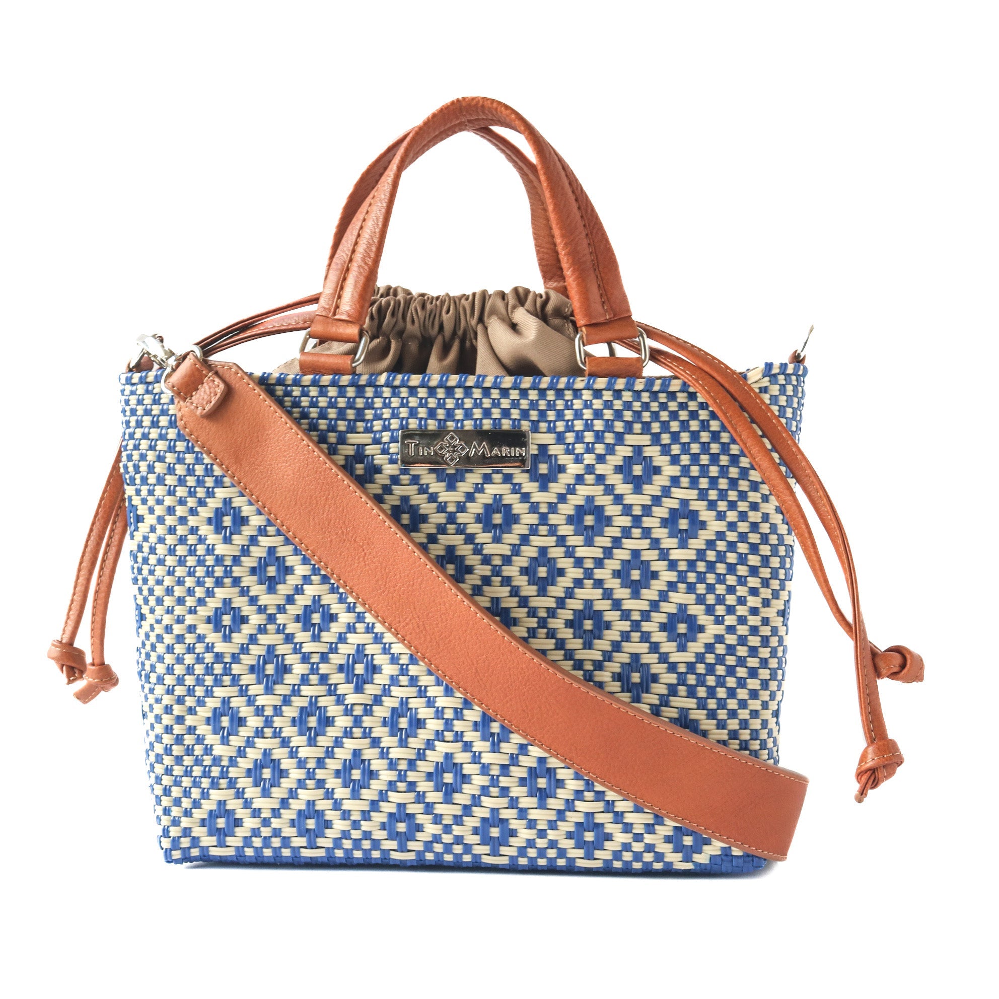 Mixte Medium Woven Crossbody Drawstring Bag in tan and cream, showing leather strap and drawstring closure