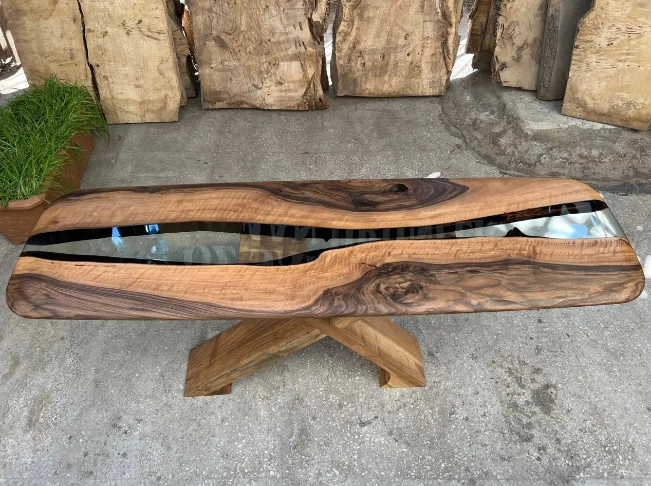 Handmade solid walnut console table with epoxy resin and live edge design