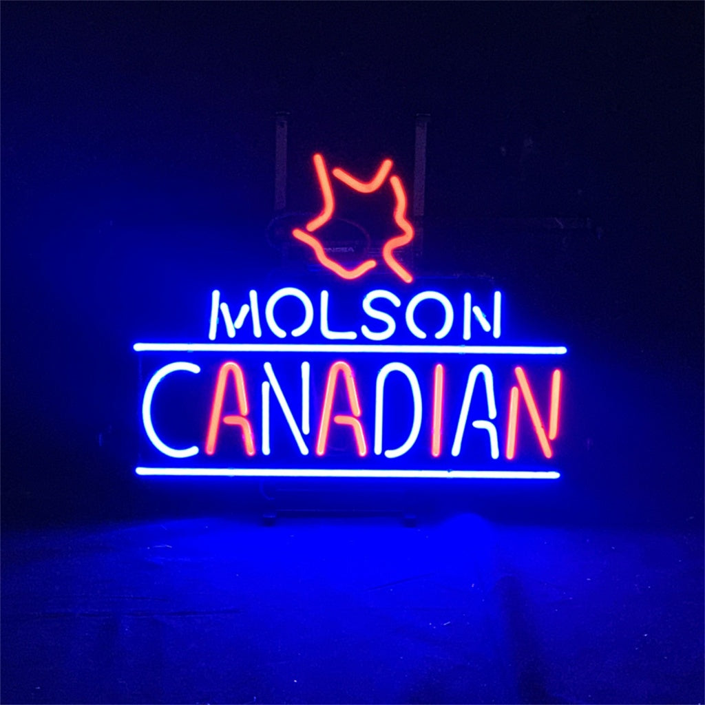 Molson Canadian Lager Neon Sign with red and white neon lights on a metal grid backing hanging on a wall
