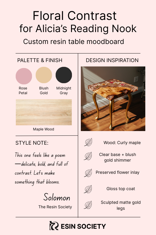 A minimalist moodboard for a custom epoxy resin table, laid out in a clean vertical format. This moodboard features a pink floral epoxy resin table and a pink color palette.