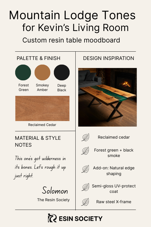 A minimalist moodboard for a custom epoxy resin table, laid out in a clean vertical format featuring a green color palette and green epoxy resin table design.