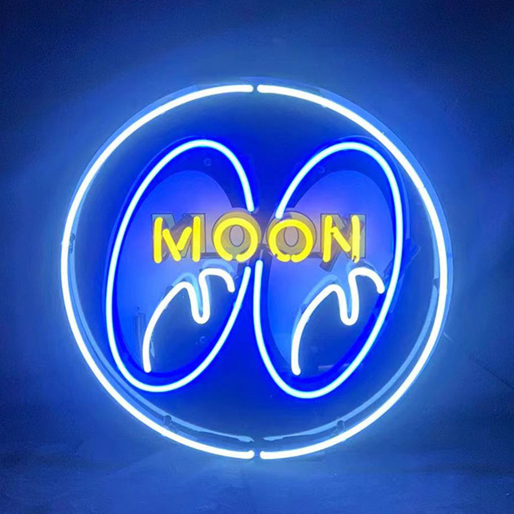 Moon Eyes Neon Signs White illuminated on wall with metal grid backing