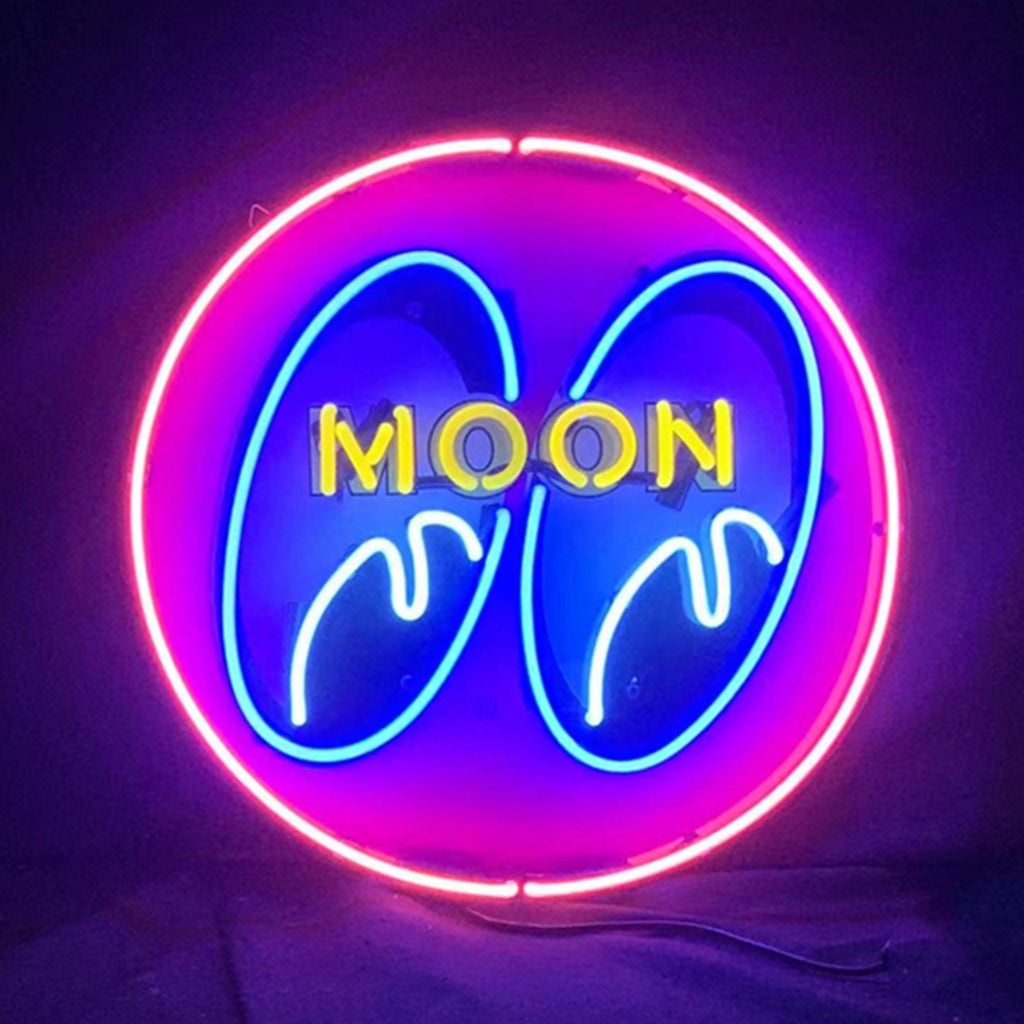 Moon Eyes Neon Signs Pink glowing on a wall showing pink neon eyes design