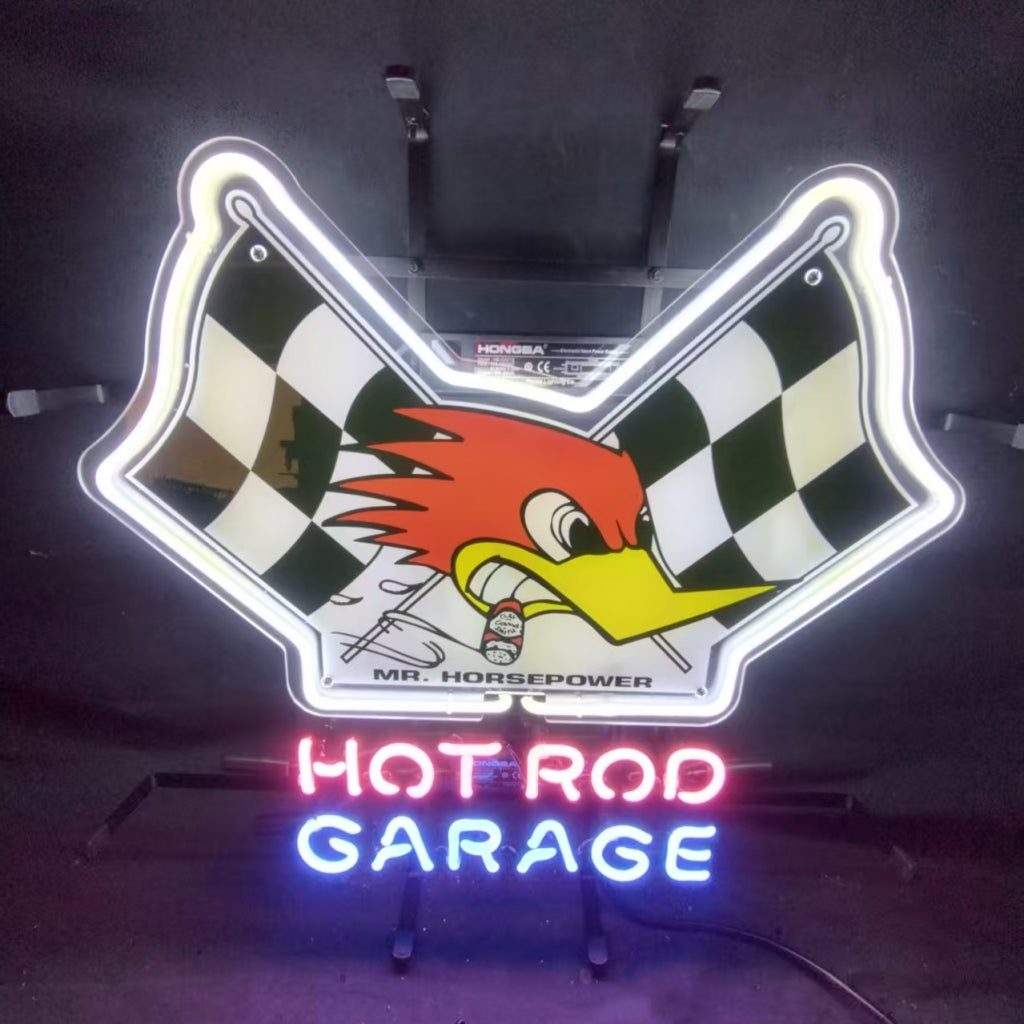 Mr Horsepower Hot Rod Garage Neon Sign glowing in low light