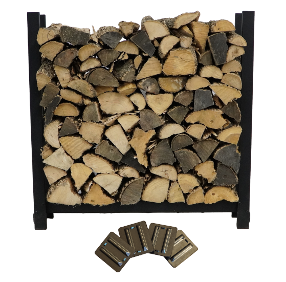 Woodhaven 3 ft Firewood Rack with seasoning cover in black finish holding stacked firewood