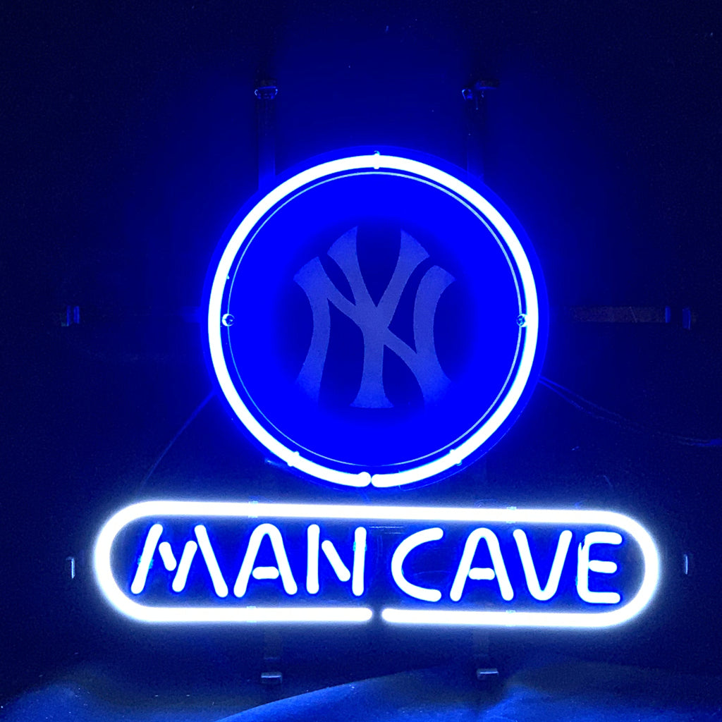 NY New York Yanees and Man Cave Neon Sign Light showing neon glow edge on acrylic backing with metal grid