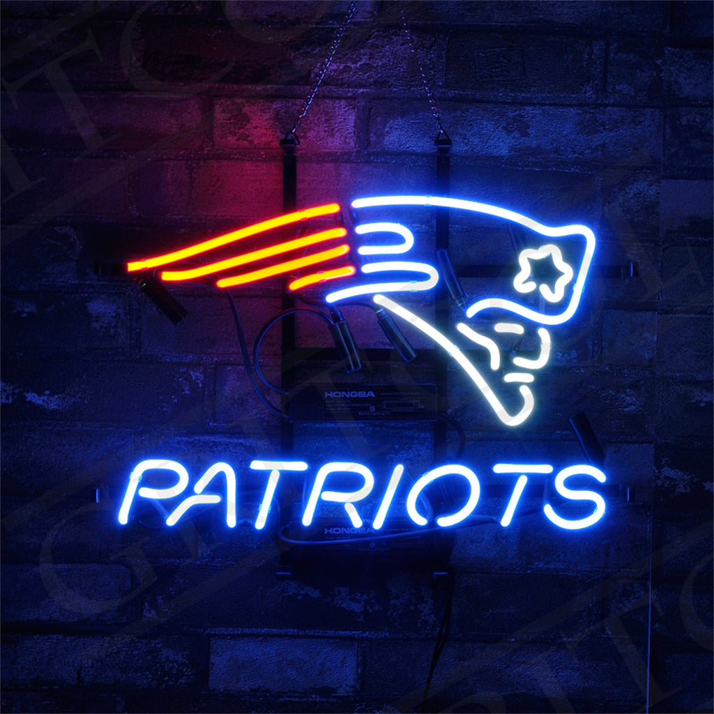 New England Patriots Neon Signs Light glowing with blue and red neon glass tubes mounted on metal grid backing