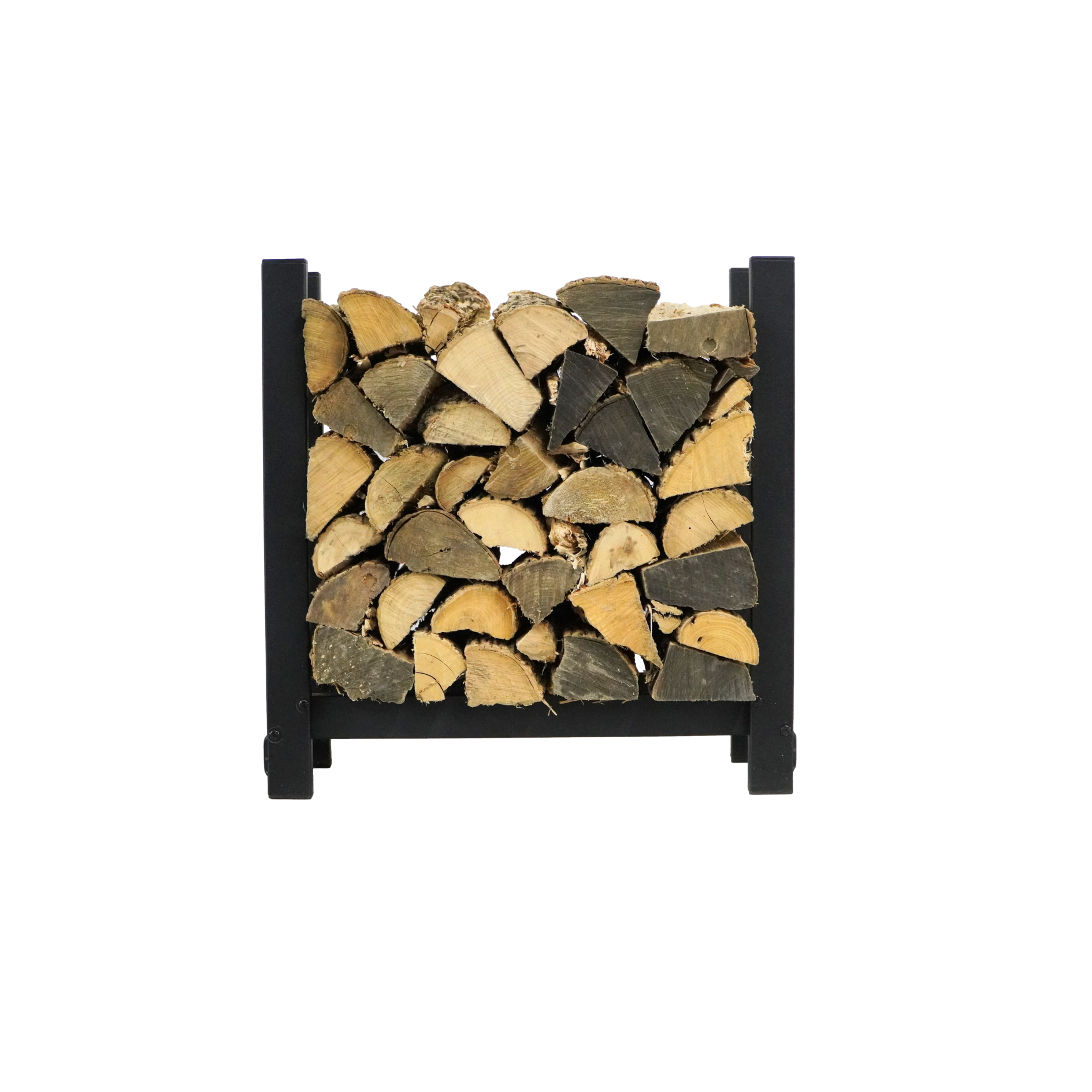 Woodhaven 2 ft Steel Firewood Rack in black with optional cover and support bases