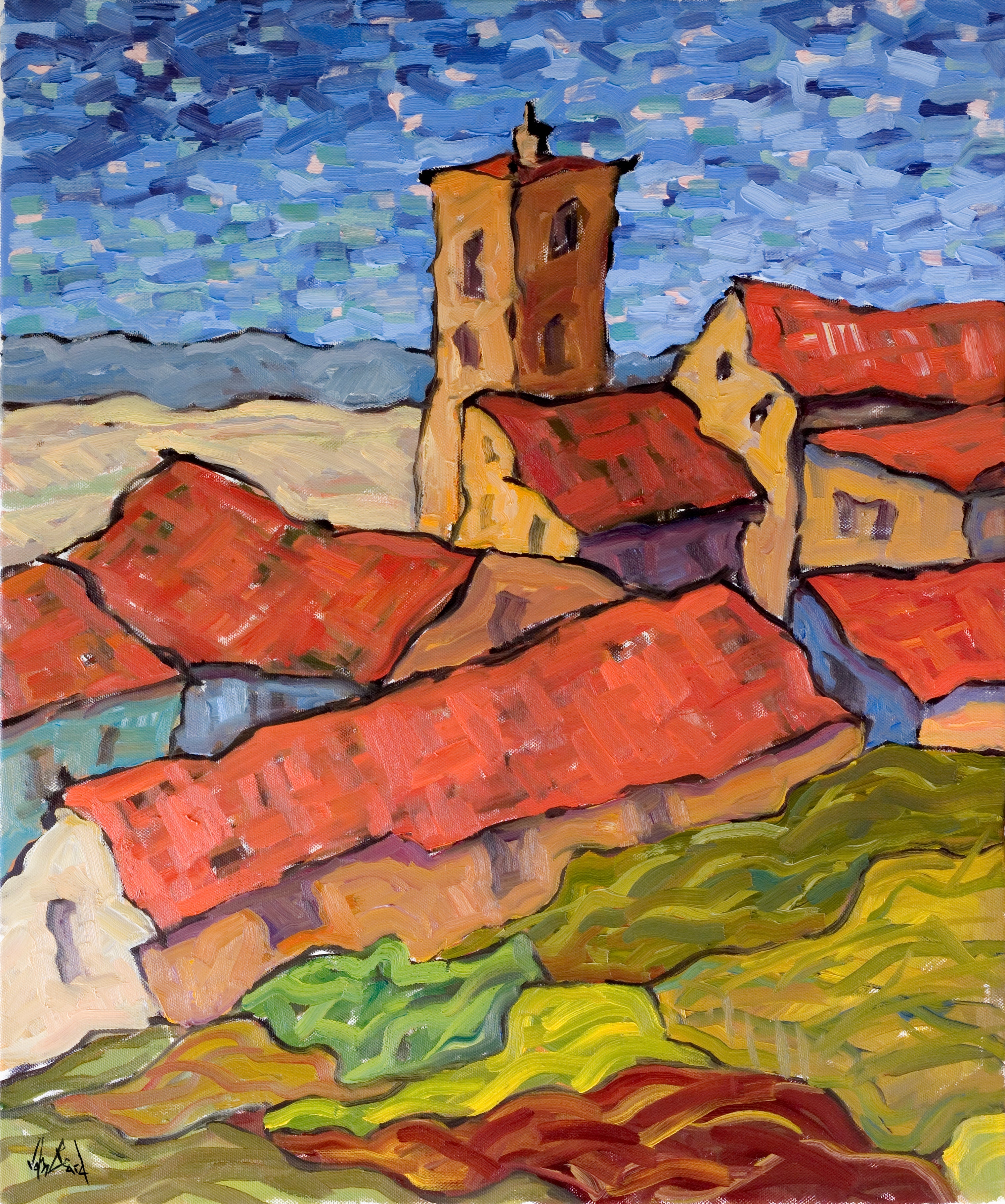 Nightfall in Cortona canvas print showing a twilight coastal village scene with warm lights, framed in gallery wrap
