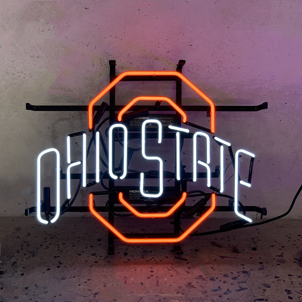Ohio State Neon Light Sign mounted on a wall showing bright red and white neon lighting shaped into Ohio State logo.