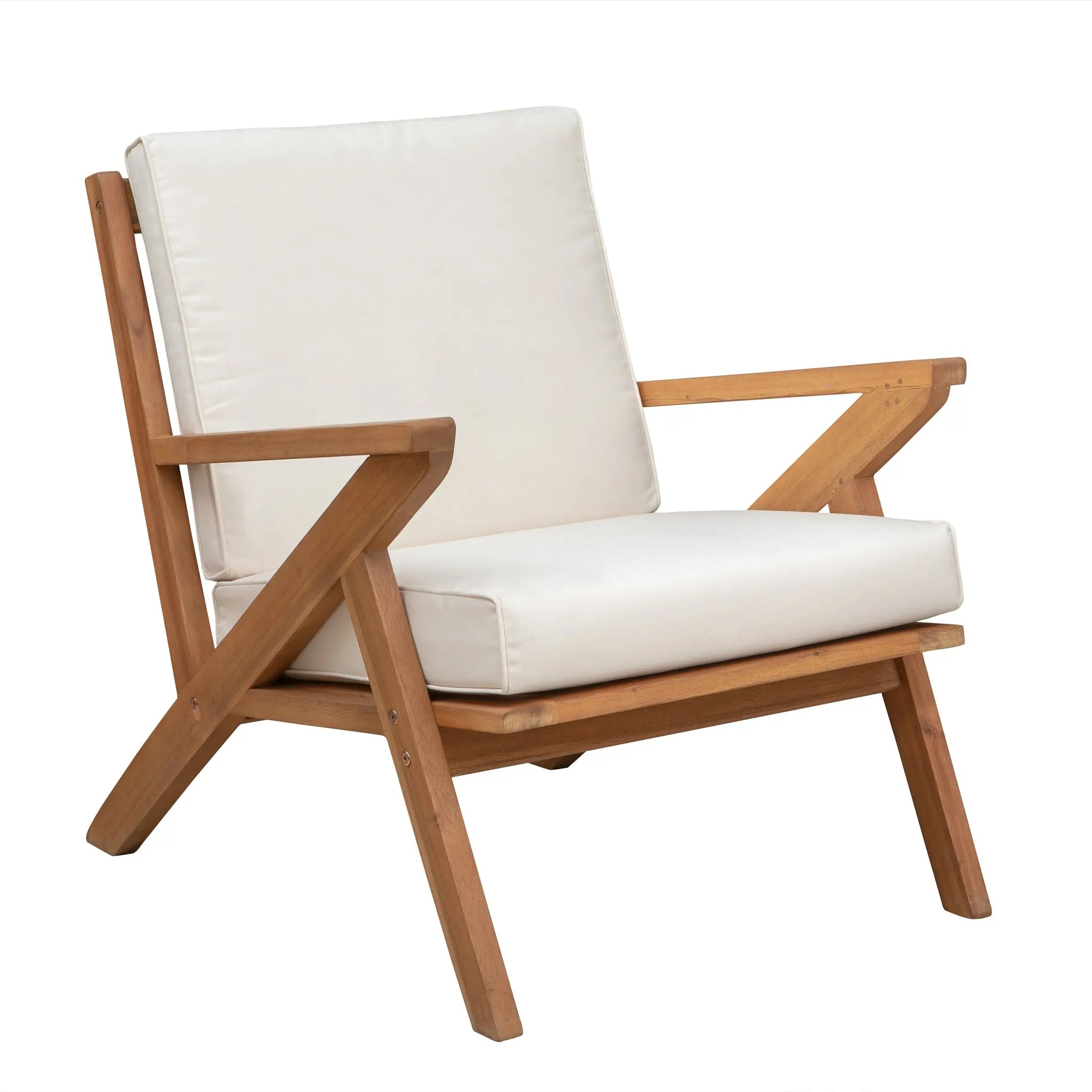 Oslo Wooden Armchair by Balkene Home showing solid acacia wood frame with cream cushion in a modern indoor setting